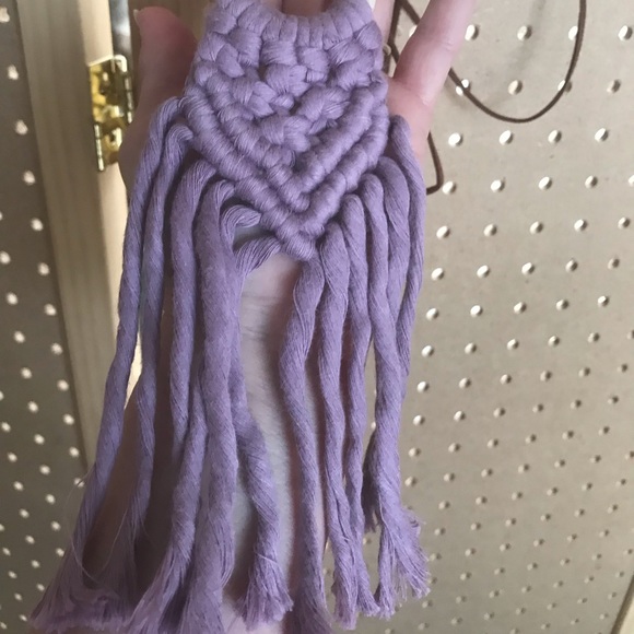 Long necklace w/lavender macrame & wooden circle
